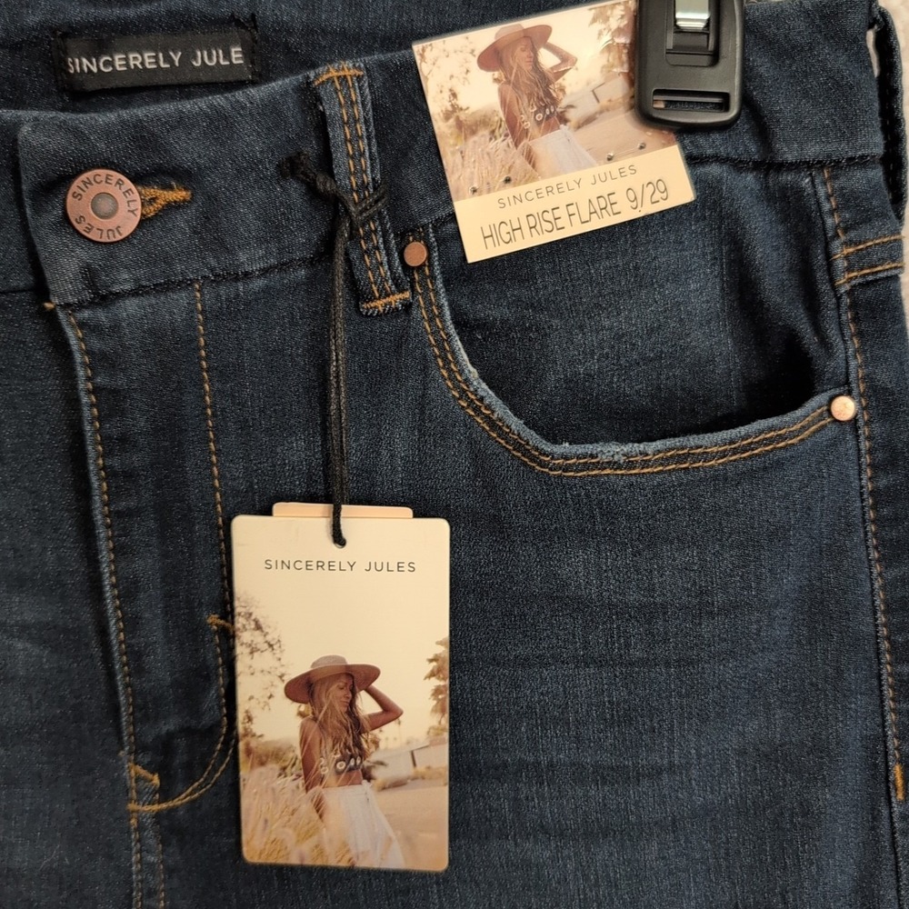 Sincerely Jules Dark Blue High-Rise‎ Flare Distressed Jeans Size 9/29 - Picture 3 of 11